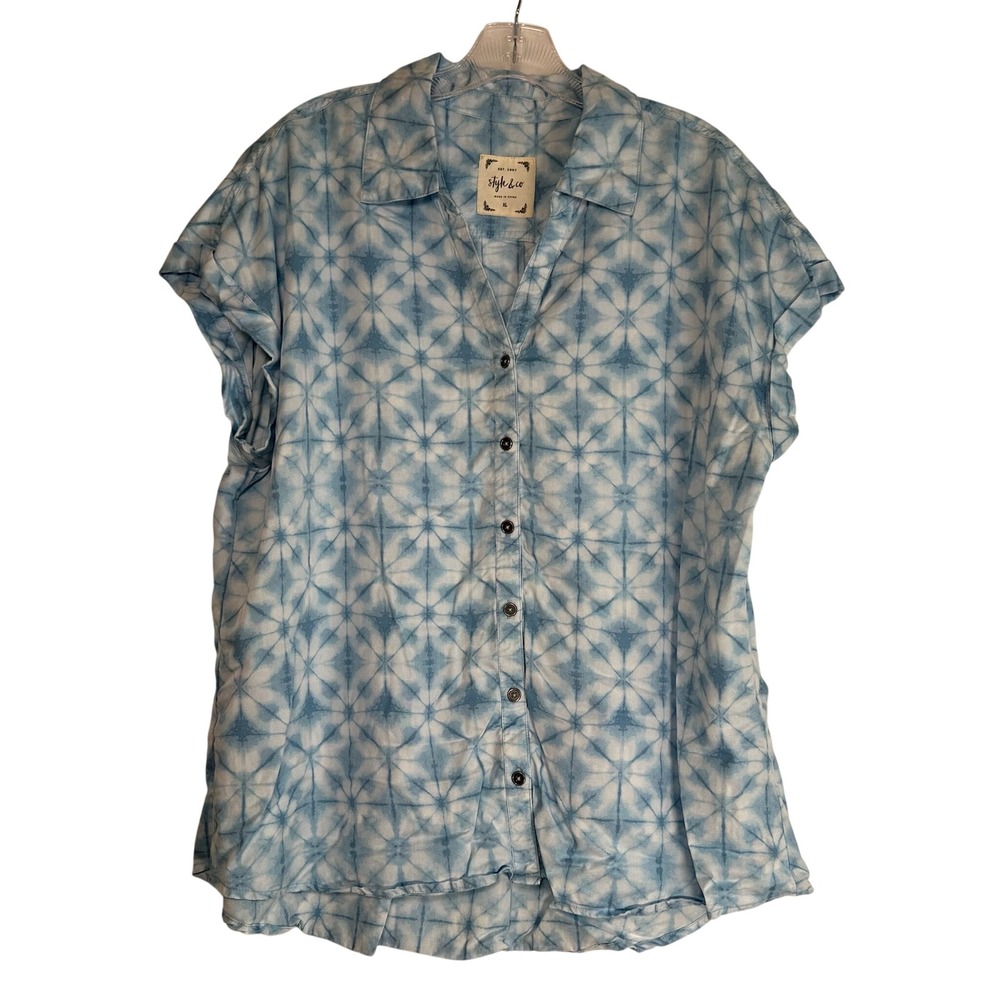 Style & Co Womens XL Blue White Tie Dye Shibori Lyocell Button Down Shirt Top